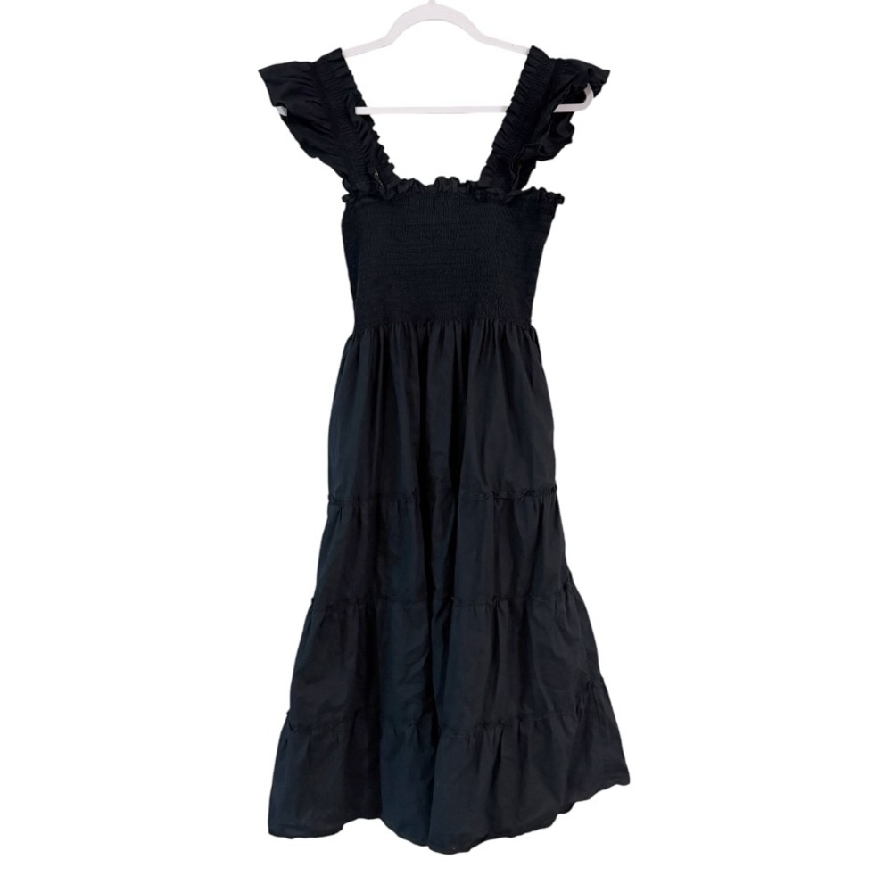 Hill House Ellie Nap Dress Smocked Ruffle Midi 100% Cotton Black Sz Small - Picture 9 of 11